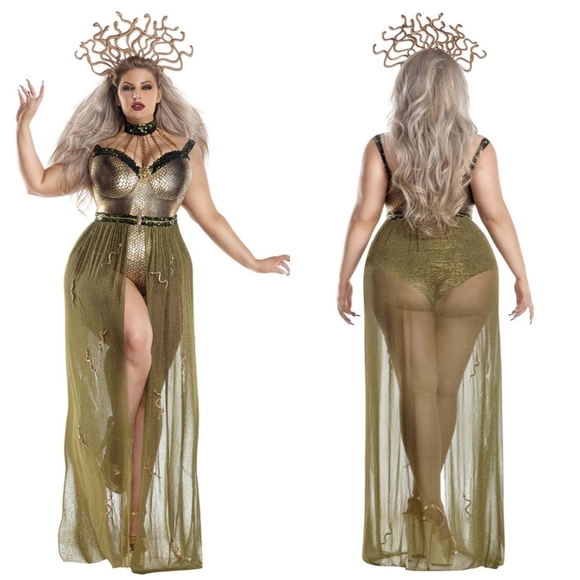 NEW Party King Sexy Medusa Snake Long Gown Gold Costume 3 Piece Set 1X Plus - Picture 1 of 5